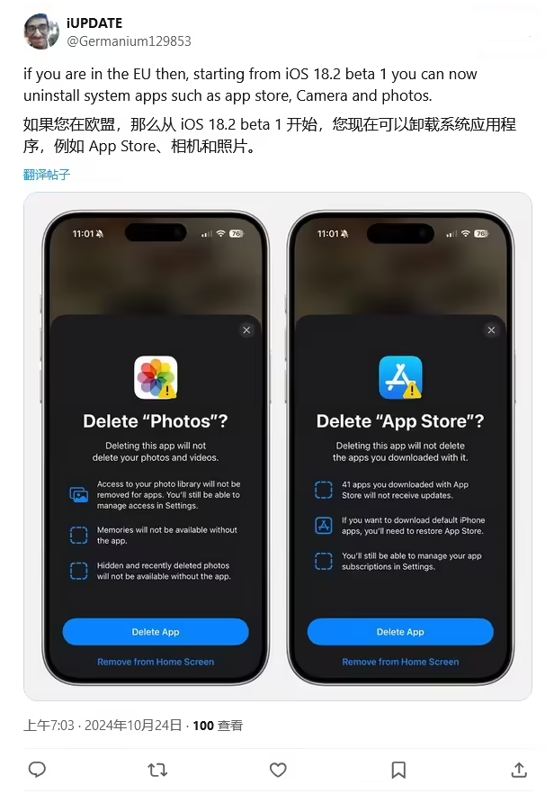 龙潭苹果手机维修分享iOS 18.2 支持删除 App Store 应用商店 