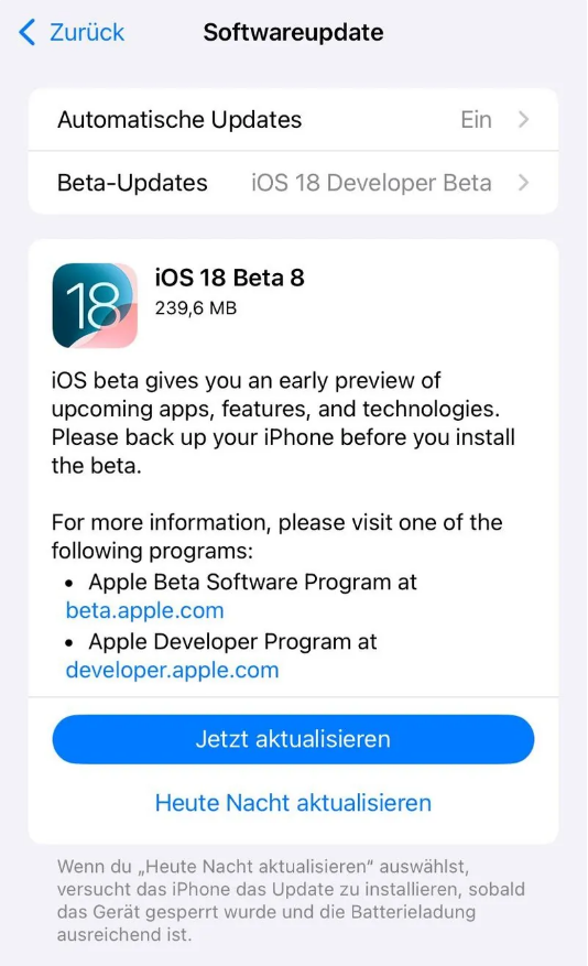 龙潭苹果手机维修分享苹果 iOS / iPadOS 18 开发者预览版 Beta 8 发布 